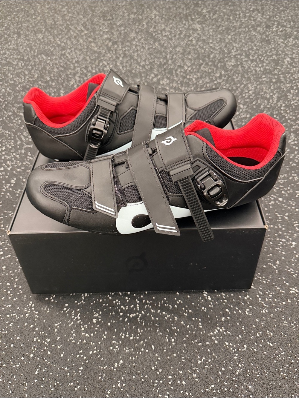 Peloton Black Athletic Shoes with Red Lining and White Accents